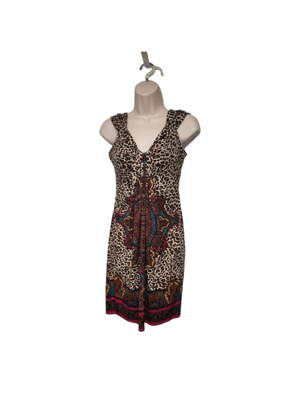 London Times Dress Women's Size 4P Tan Black Boho Animal Print Ladies Sleeveless